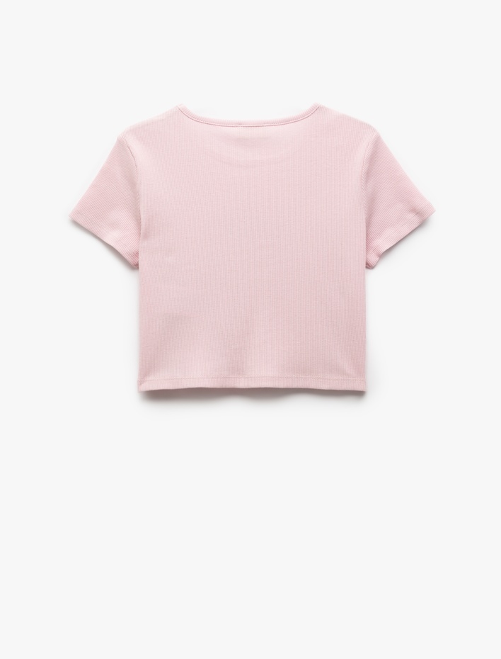 Kız Çocuk Pamuklu Çiçek Baskılı Bisiklet Yaka Kısa Kollu Crop Tişört