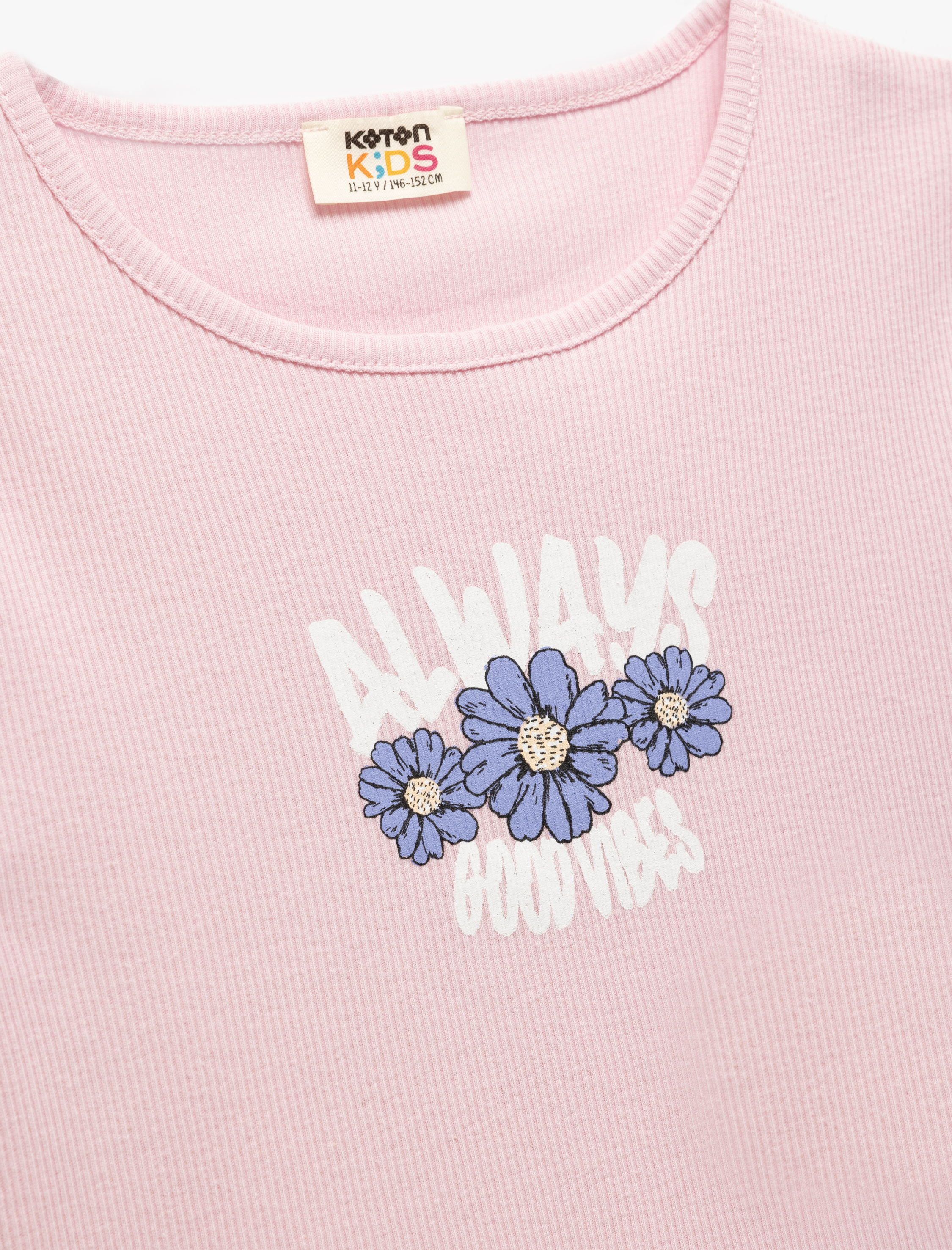  Kız Çocuk Pamuklu Çiçek Baskılı Bisiklet Yaka Kısa Kollu Crop Tişört