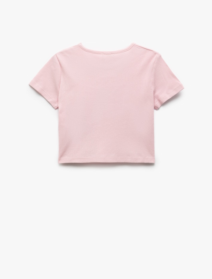 Kız Çocuk Pamuklu Kalp Baskılı Bisiklet Yaka Kısa Kollu Crop Tişört