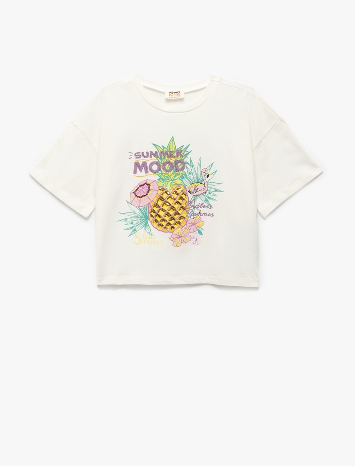 Kız Çocuk Pamuklu Ananas Baskılı Bisiklet Yaka Kısa Kollu Tişört
