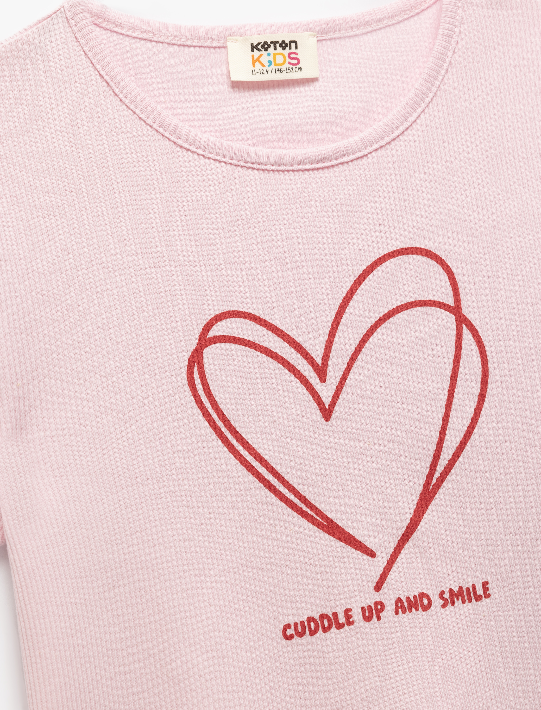  Kız Çocuk Pamuklu Kalp Baskılı Kısa Kollu Bisiklet Yaka Tişört