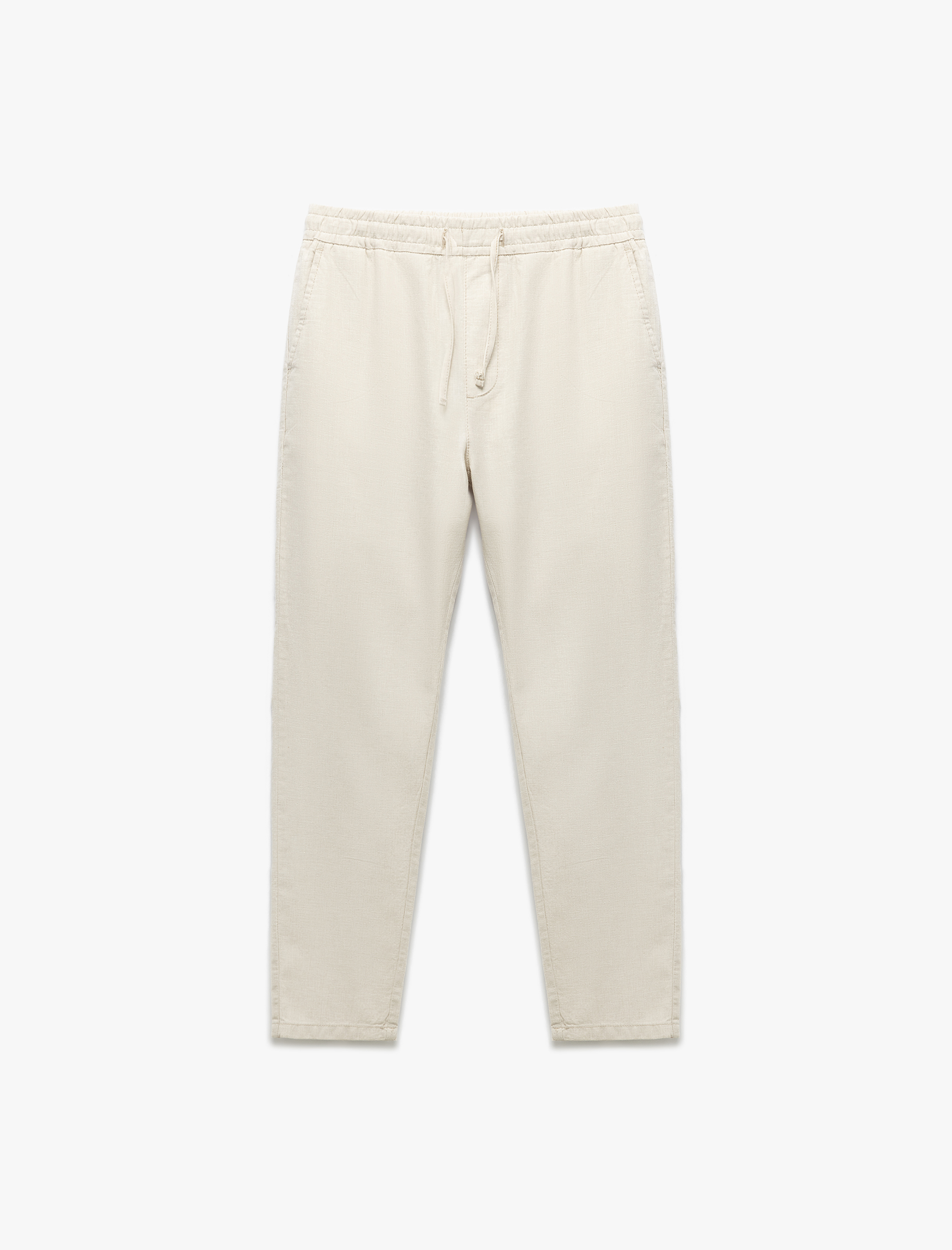   Keten Pamuk Karışımlı Cep Detaylı Beli Bağcıklı Çizgili Chino Pantolon