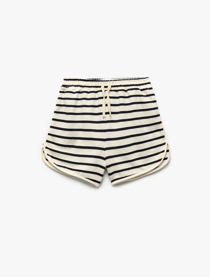 Kız Çocuk Biye Detaylı Pamuk Karışımlı Beli Bağlamalı Çizgili Şort