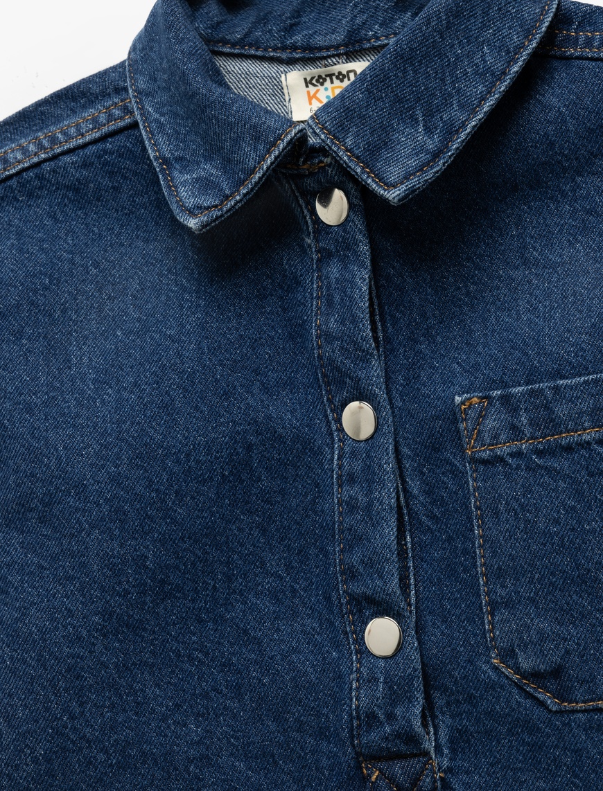  Kız Çocuk Pamuklu Cep Detaylı Oversize Denim Gömlek Yaka Elbise