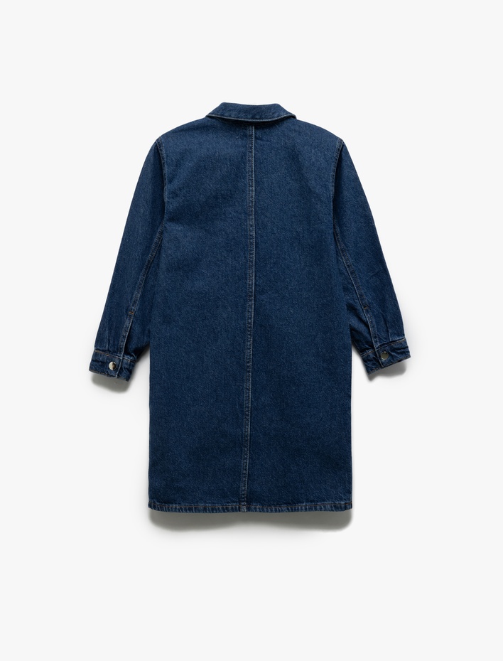 Kız Çocuk Pamuklu Cep Detaylı Oversize Denim Gömlek Yaka Elbise