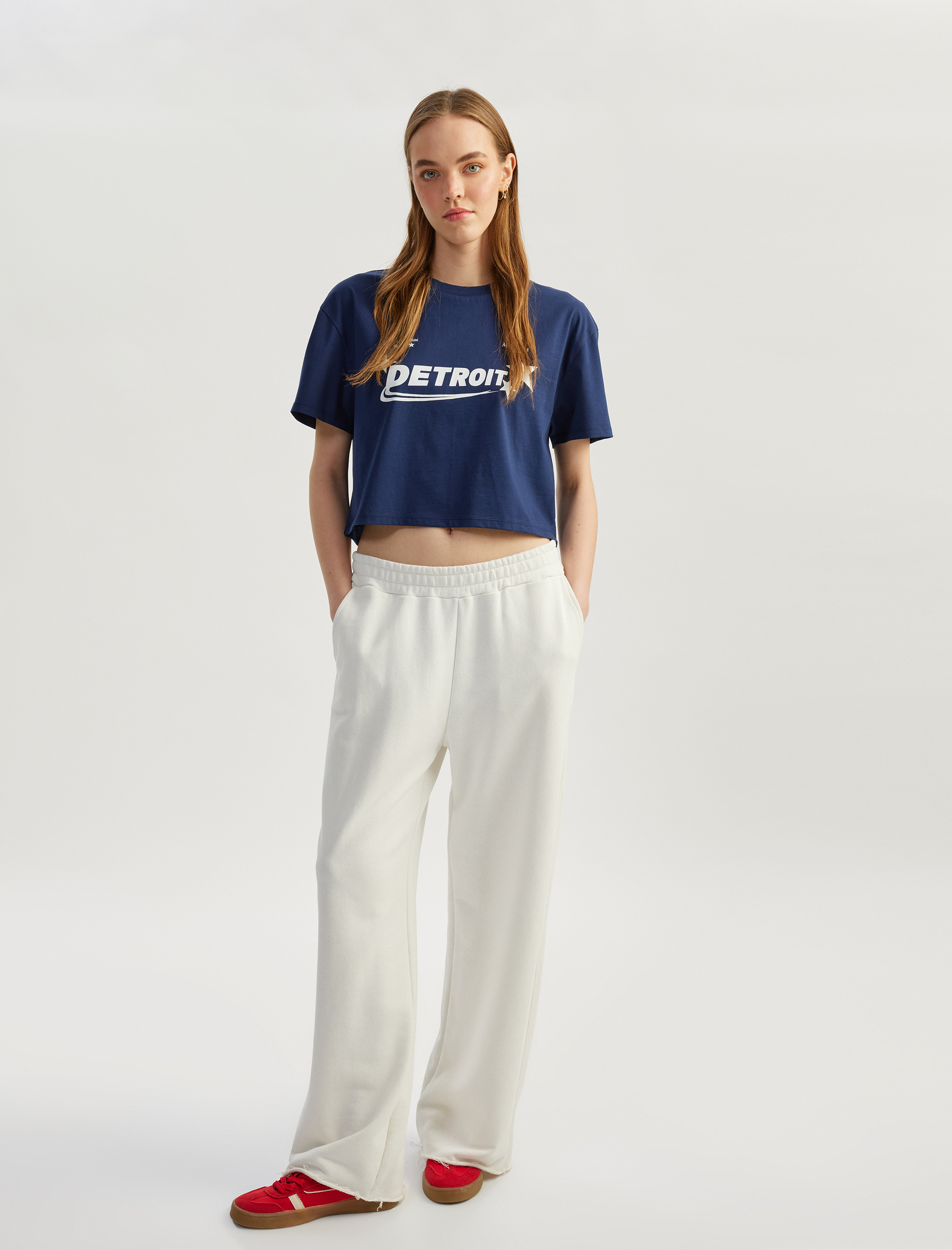   Baskılı Bisiklet Yaka Kısa Kollu Crop Oversize Tişört