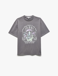 Baskılı Kısa Kollu Bisiklet Yaka Pamuklu Oversize Tişört