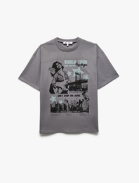 Baskılı Kısa Kollu Bisiklet Yaka Pamuklu Oversize Tişört