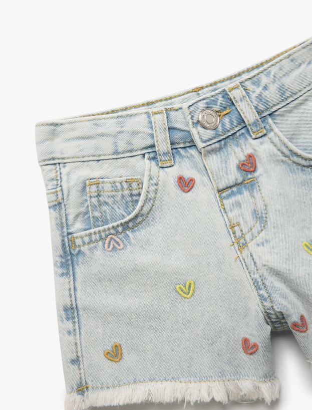 Pamuklu Kalp Nakış Detaylı Cepli Denim Şort_2
