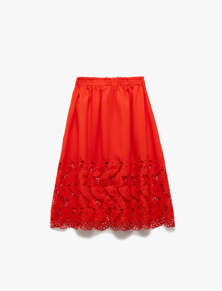 Kız Çocuk Pamuklu Beli Lastikli Brodeli A Kesim Midi Etek