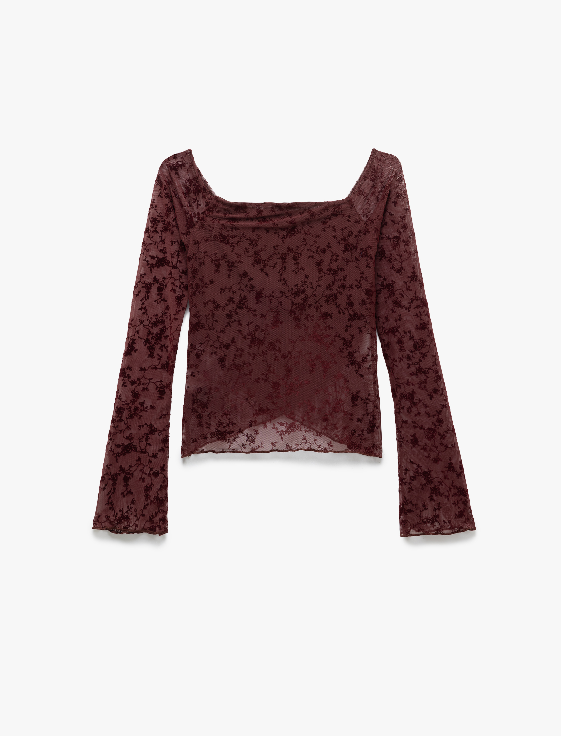   Koton X İnji - Asimetrik Kayık Yaka Omzu Açık Dantelli Uzun Kollu Tişört