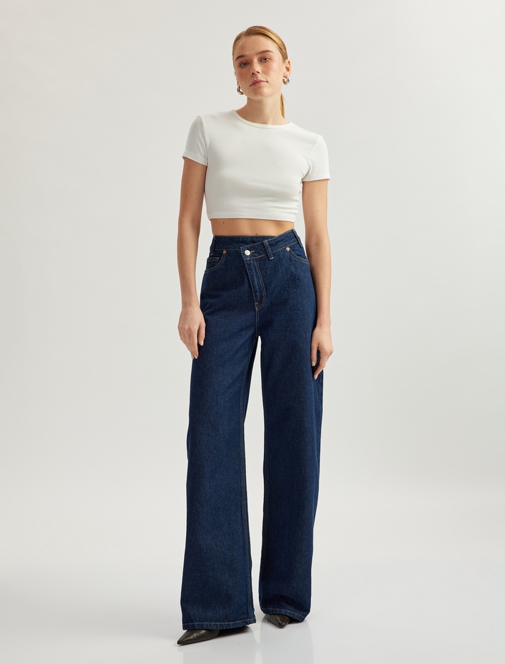  Loose Straight Fit Pamuklu Düğme Detaylı Denim Pantolon - Loose Straight Fit Jean