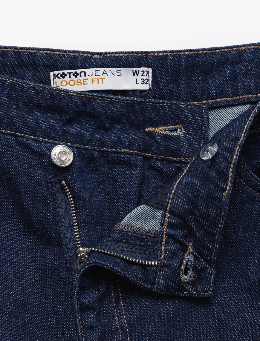   Loose Straight Fit Pamuklu Düğme Detaylı Denim Pantolon - Loose Straight Fit Jean