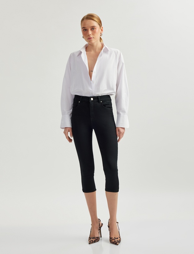Yüksek Bel Pamuklu Kapri Denim Şort - Tight Fit_1