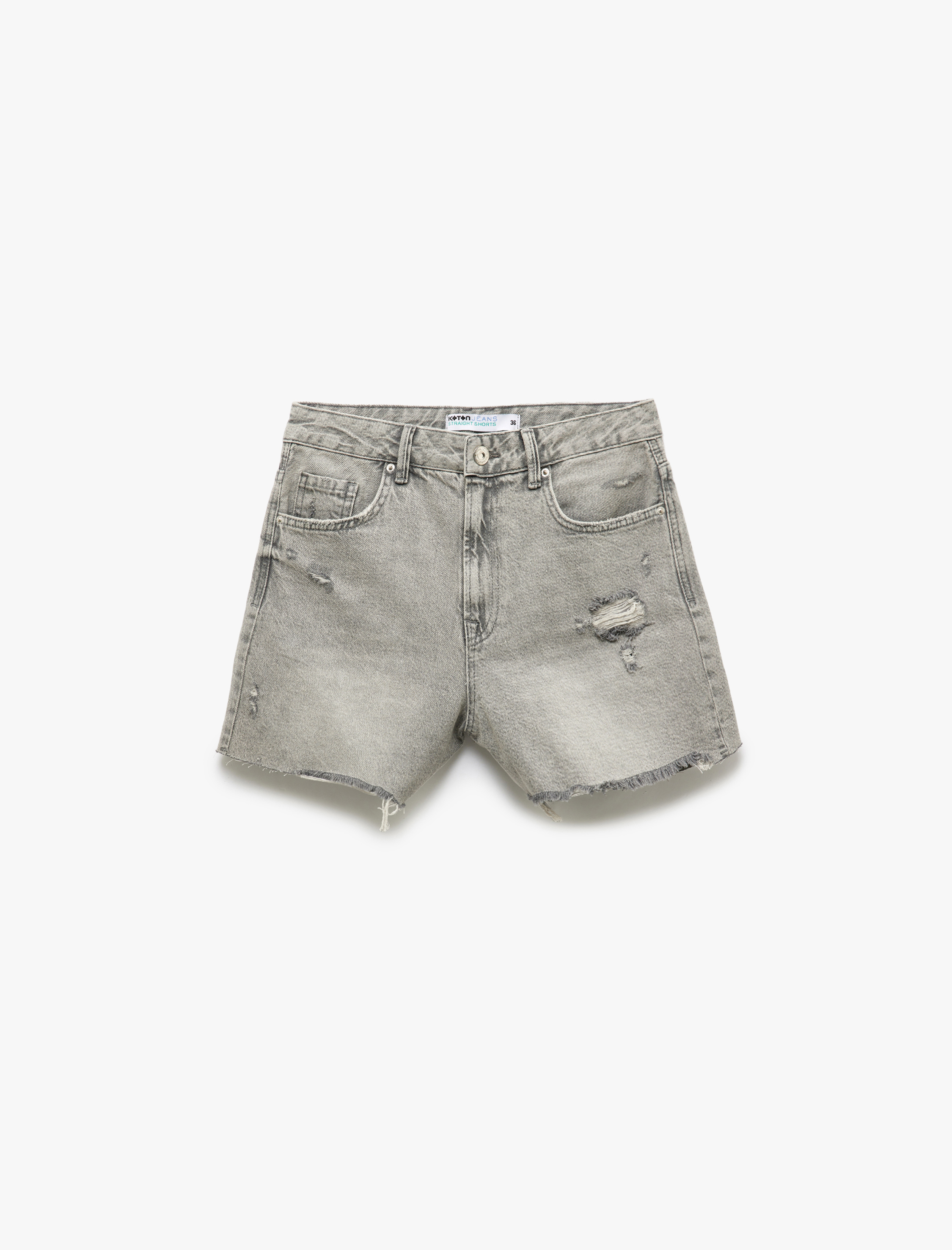   Yıpranmış Püsküllü Düğmeli Denim Şort