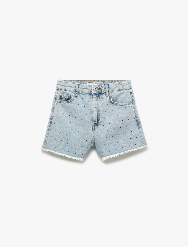 Taş Detaylı Düğmeli Rahat Kalıp Denim Şort_3