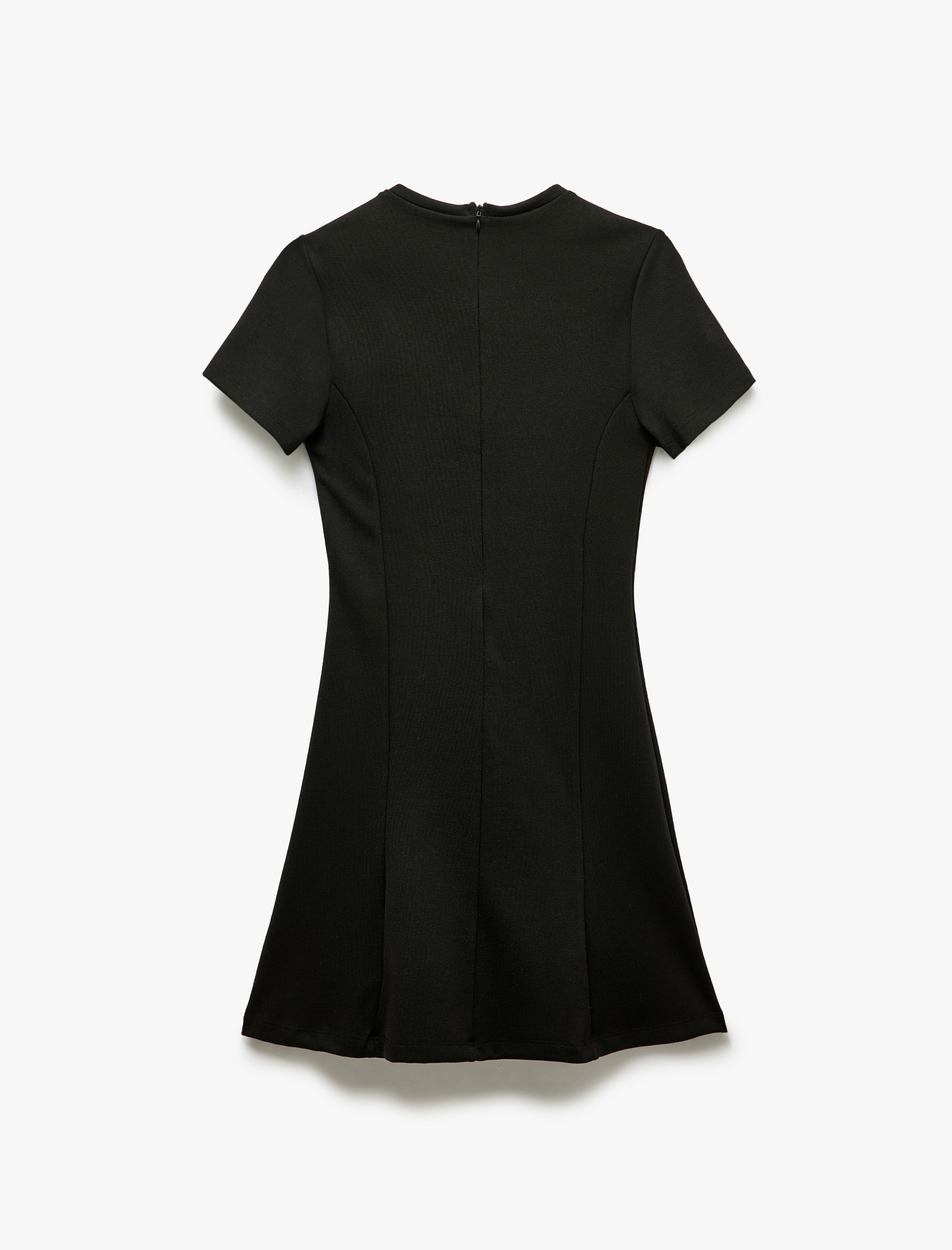   Kısa Kollu Bisiklet Yaka Dikiş Detaylı Kloş Mini Elbise