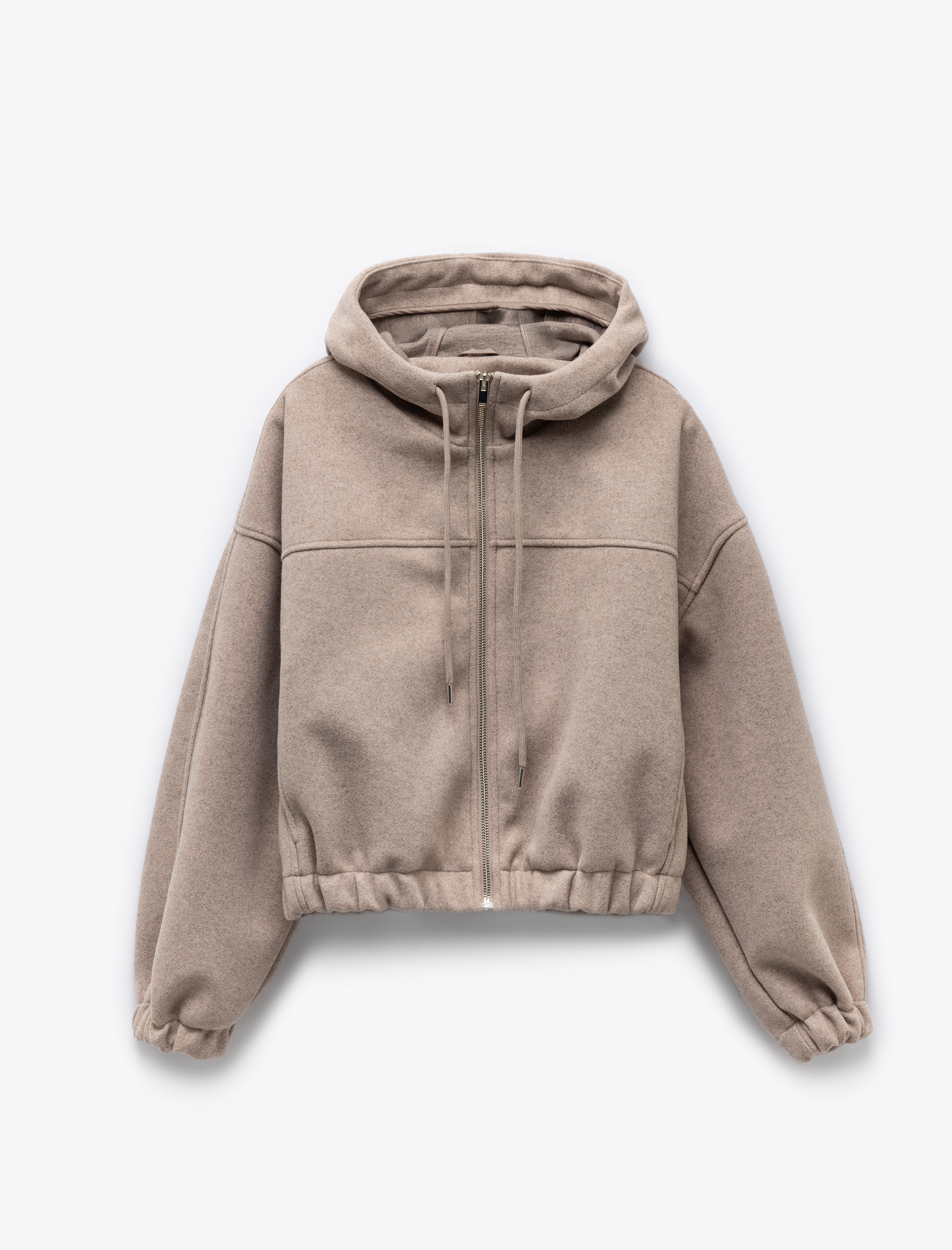 Kaşe Dokulu Cepli Fermuarlı Kapüşonlu Crop Bomber Ceket
