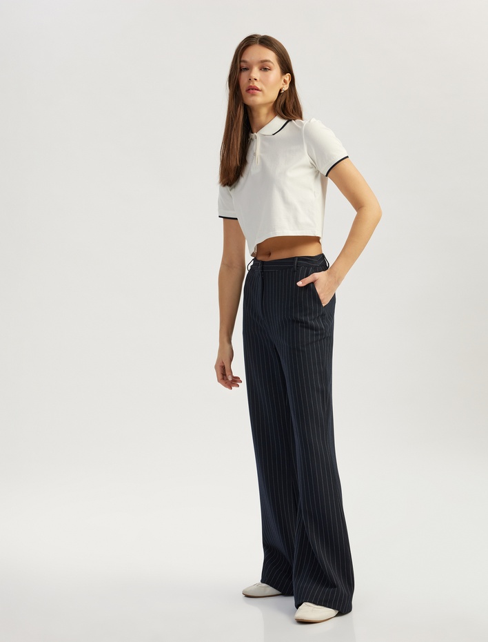  Normal Bel Düğmeli İspanyol Paça Çizgili Pantolon