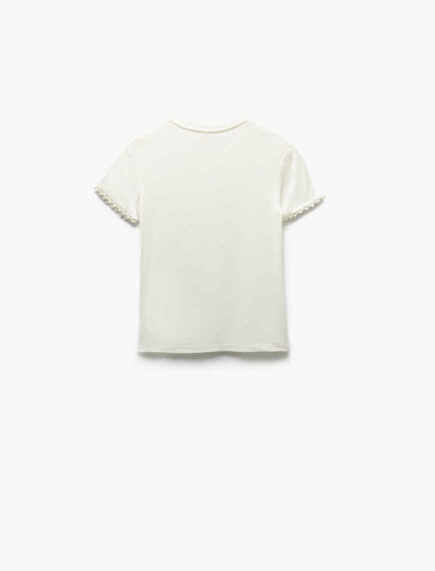   Boncuk Detaylı Slim Fit Kısa Kollu Bisiklet Yaka Viskon Tişört