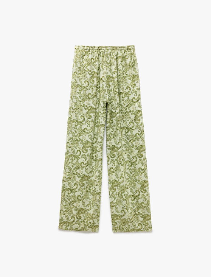  Viskon Beli Bağcıklı Desenli Düz Paça Pantolon