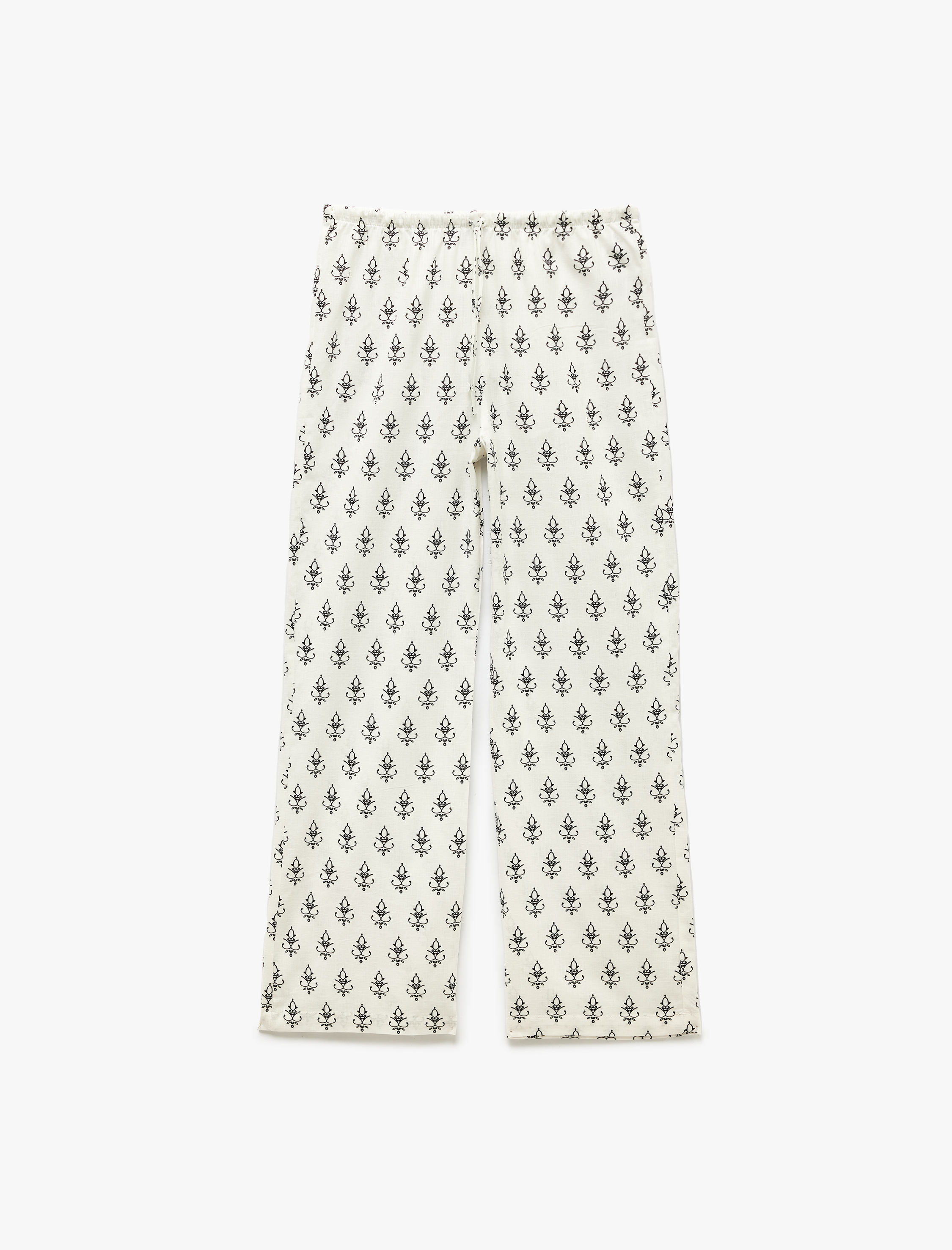  Beli Bağcıklı Desenli Pamuklu Düz Paça Pantolon