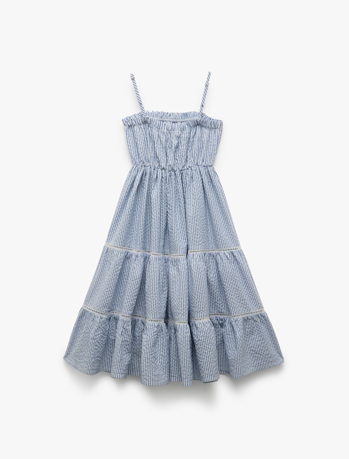 Kız Çocuk Kat Detaylı Askılı Çizgili Midi Elbise