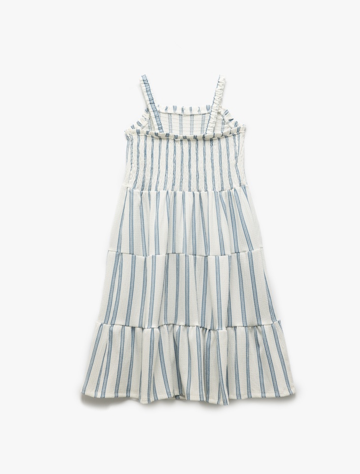 Kız Çocuk Kare Yaka Kat Detaylı Askılı Midi Elbise