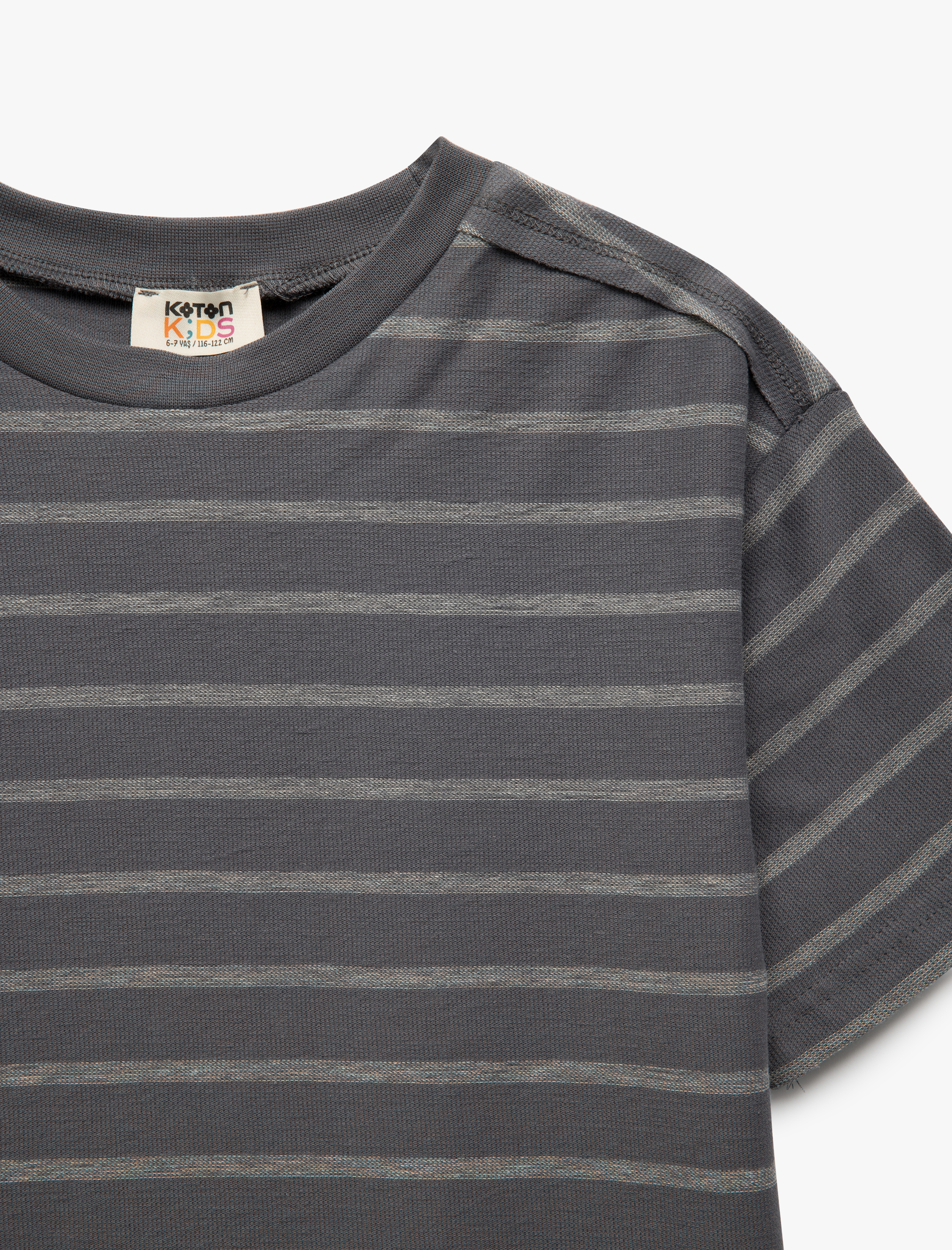  Erkek Çocuk Pamuklu Bisiklet Yaka Kısa Kollu Oversize Çizgili Tişört