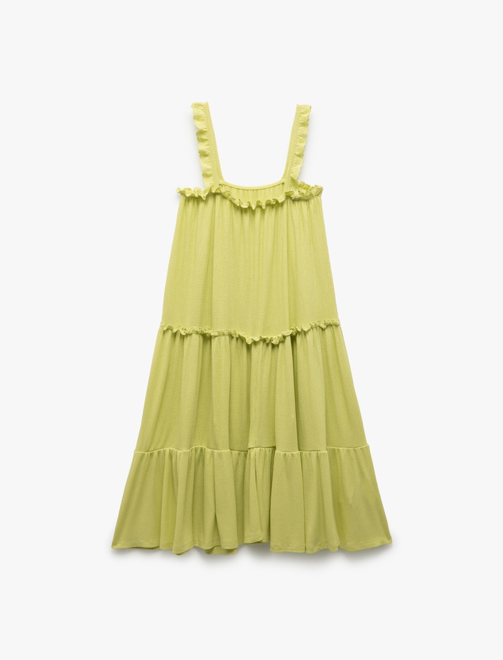 Kız Çocuk Kare Yaka Midi Viskon Askılı Elbise