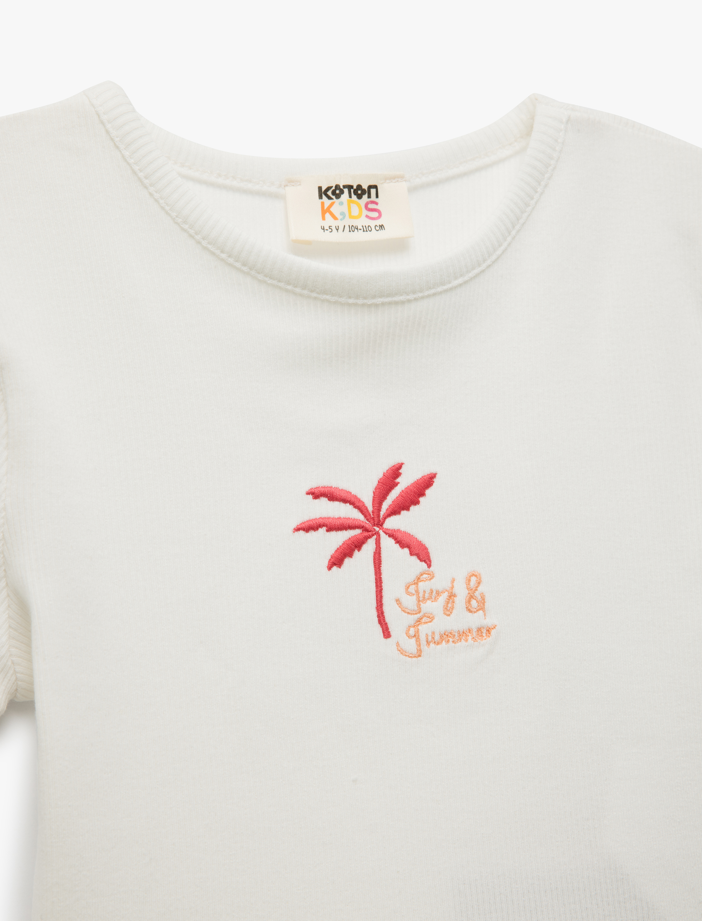  Kız Çocuk Bisiklet Yaka Kısa Kollu Pamuklu Palmiye Baskılı Tişört