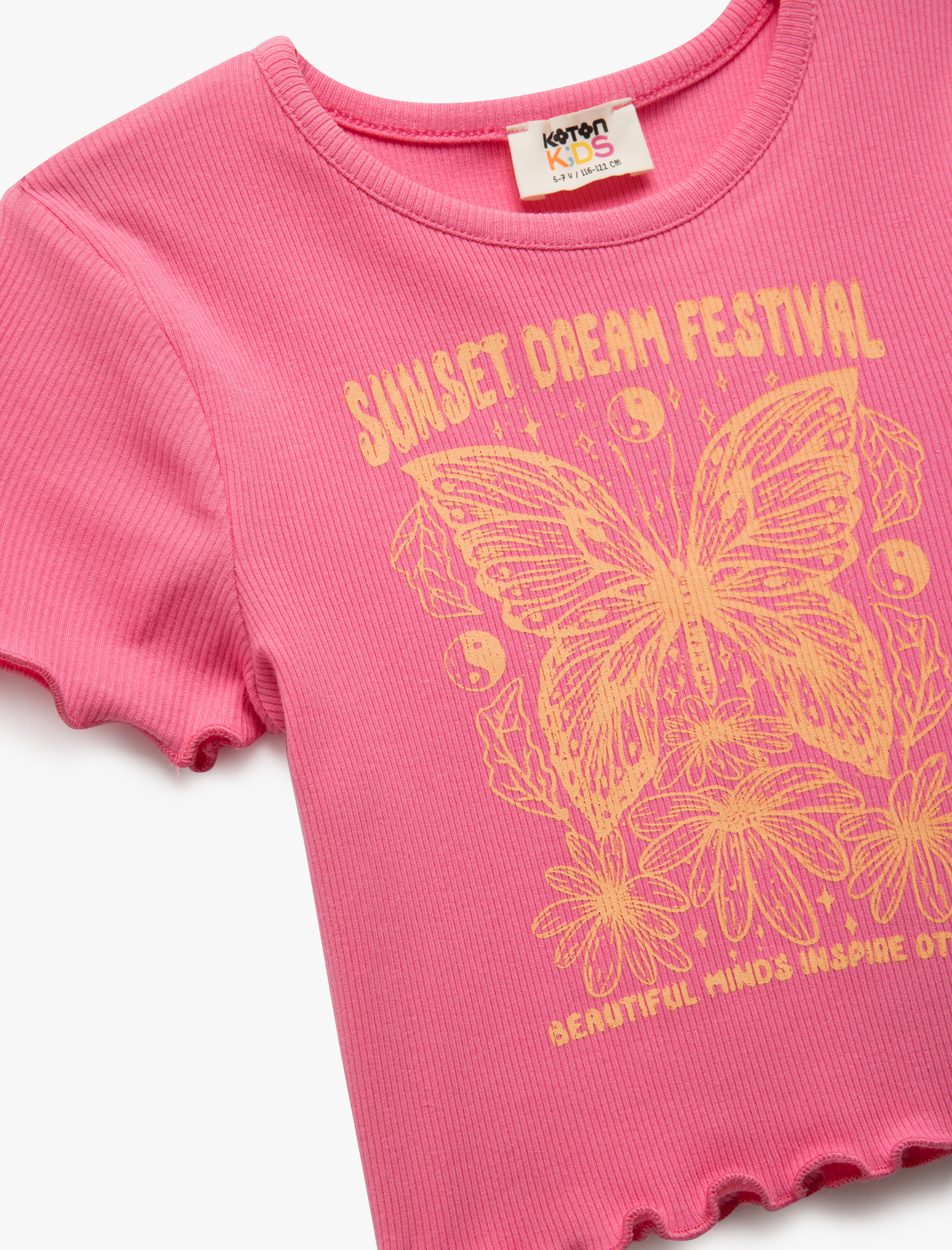  Kız Çocuk Pamuklu Kısa Kollu Bisiklet Yaka Kelebek Baskılı Crop Tişört