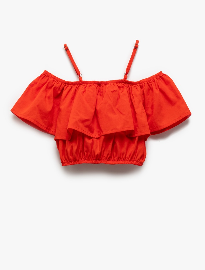 Kız Çocuk Pamuklu Düşük Omuz İnce Askılı Katlı Fırfırlı Crop Bluz