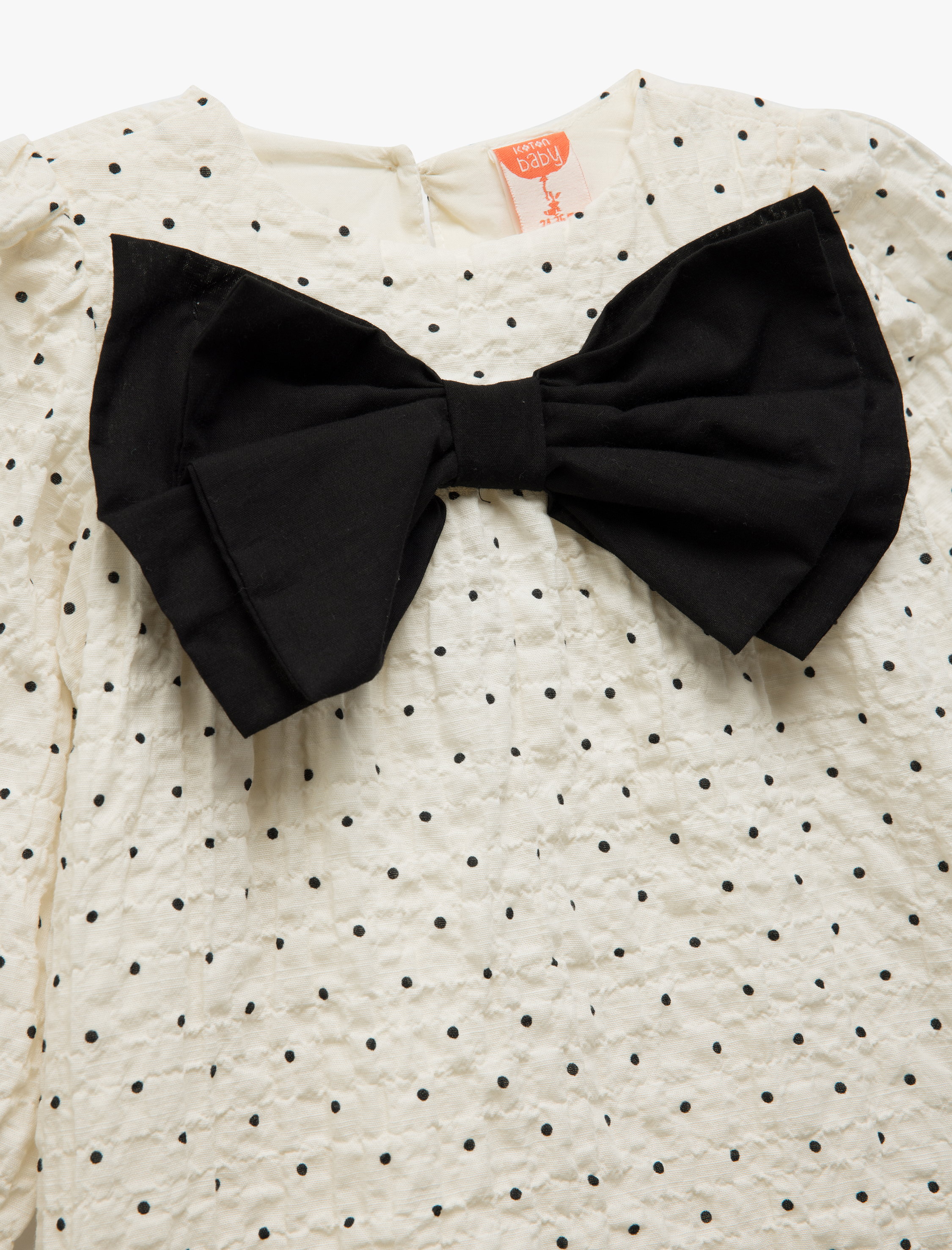  Kız Bebek Pamuklu Fiyonk Detaylı Uzun Kollu Bisiklet Yaka Elbise