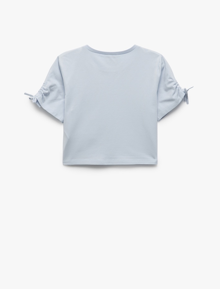 Kız Çocuk Pamuklu Kedi Baskılı Bisiklet Yaka Kısa Kollu Crop Tişört