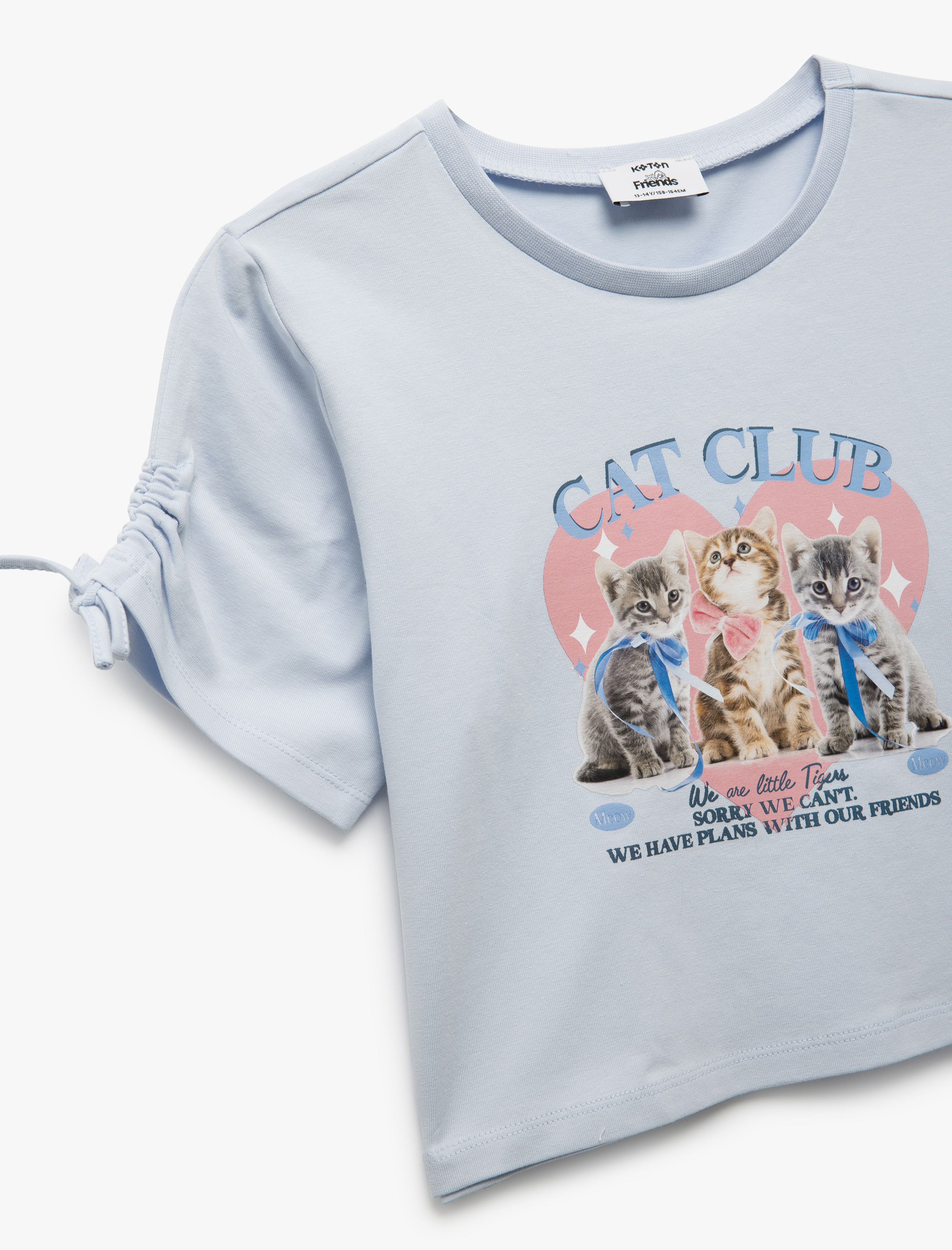  Kız Çocuk Pamuklu Kedi Baskılı Bisiklet Yaka Kısa Kollu Crop Tişört