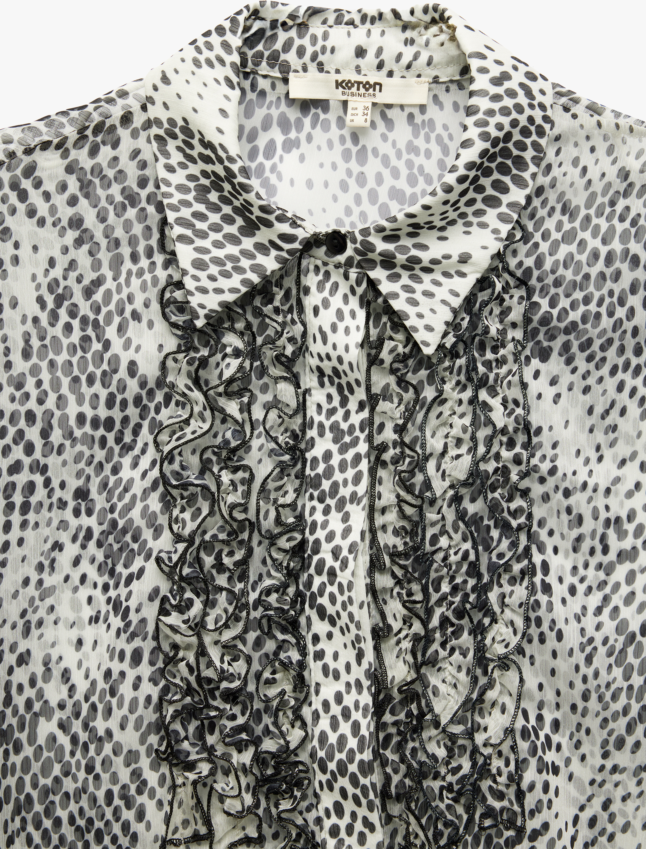 Yarı Transparan Fırfır Detaylı Uzun Kollu Leopar Desenli Şifon Gömlek