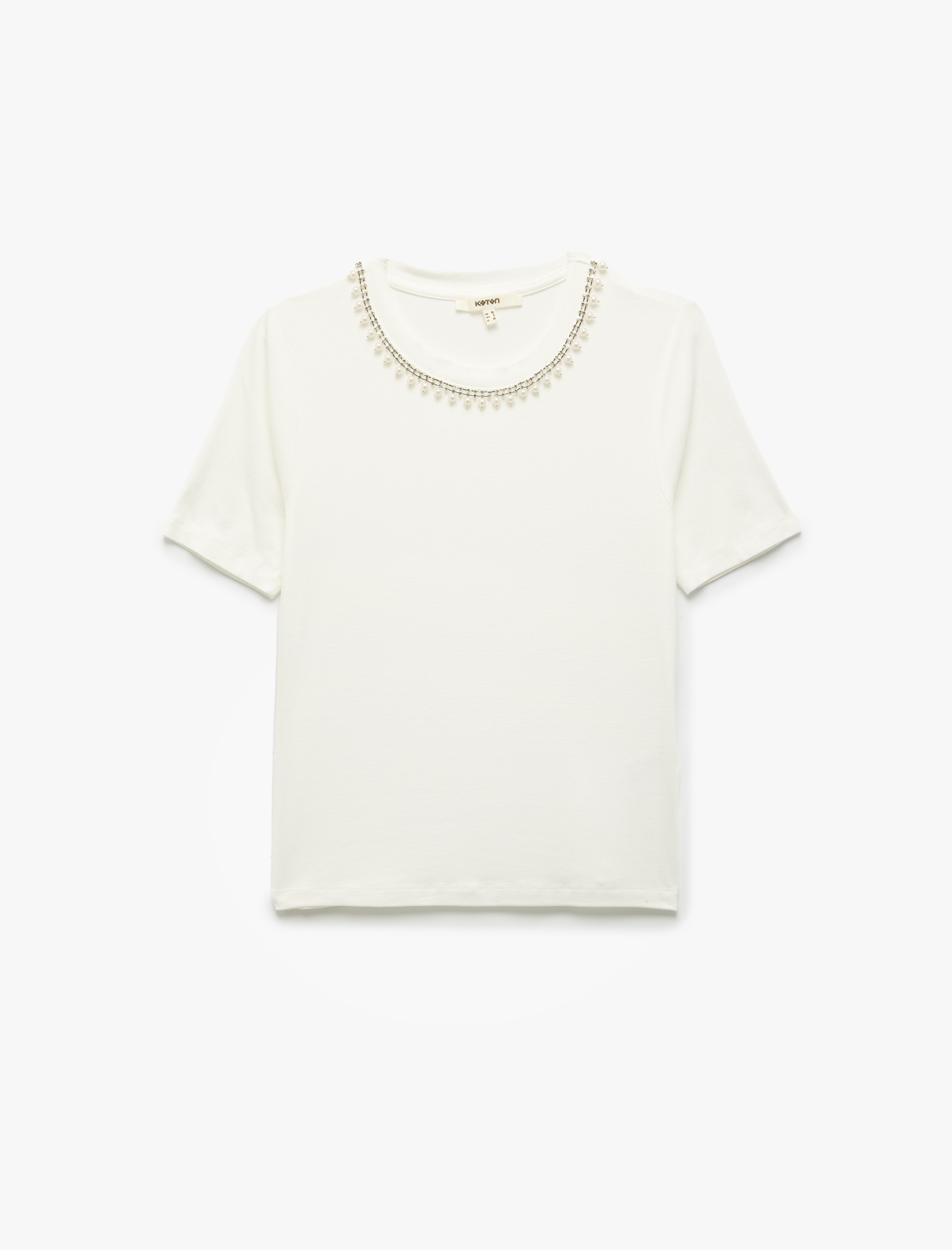   Bisiklet Yaka Kısa Kollu Viskon Taşlı Tişört