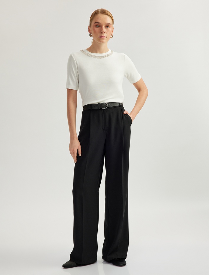  Bisiklet Yaka Kısa Kollu Viskon Taşlı Tişört