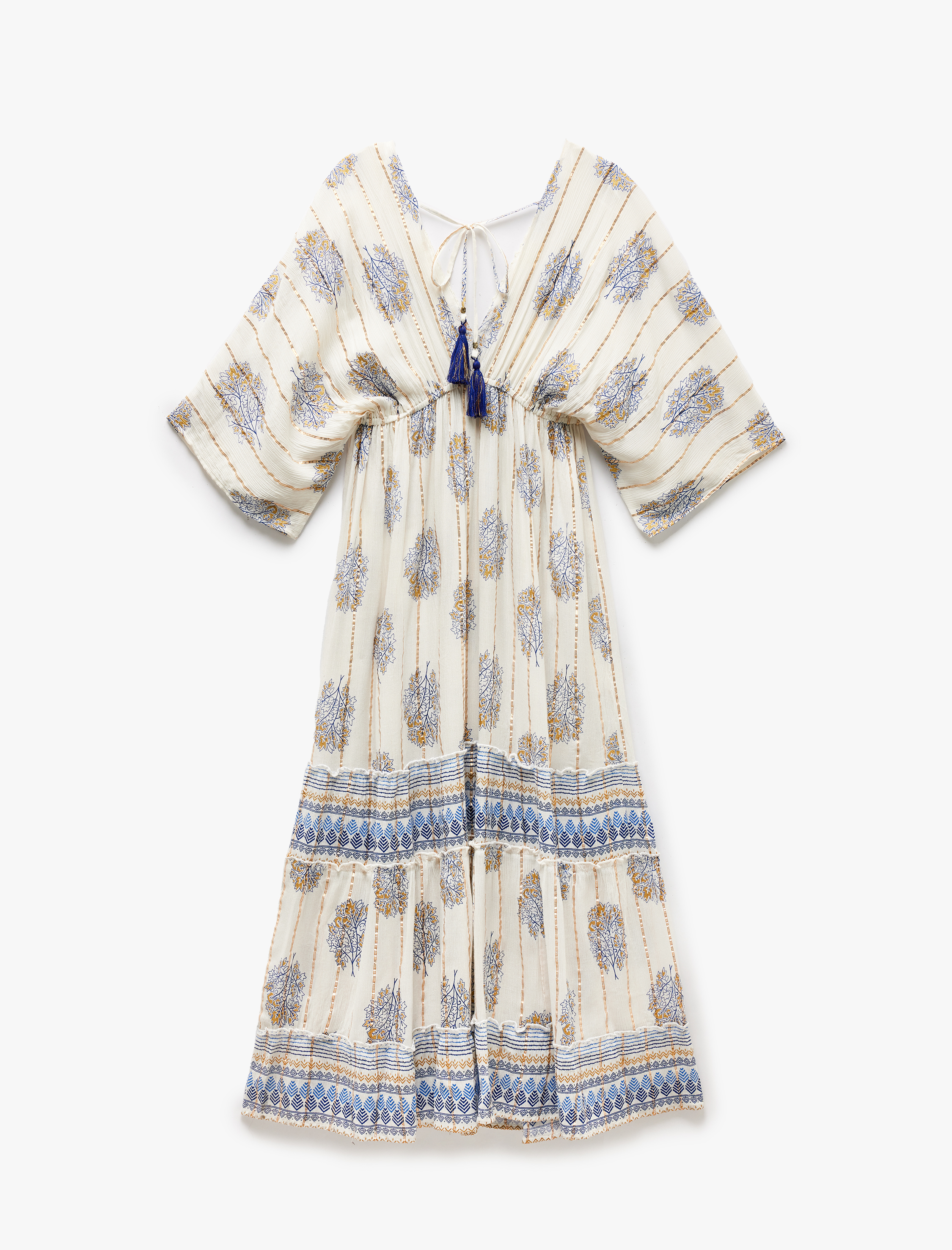   Etnik Desenli V Yaka Yarasa Kol Viskon Plaj Elbisesi