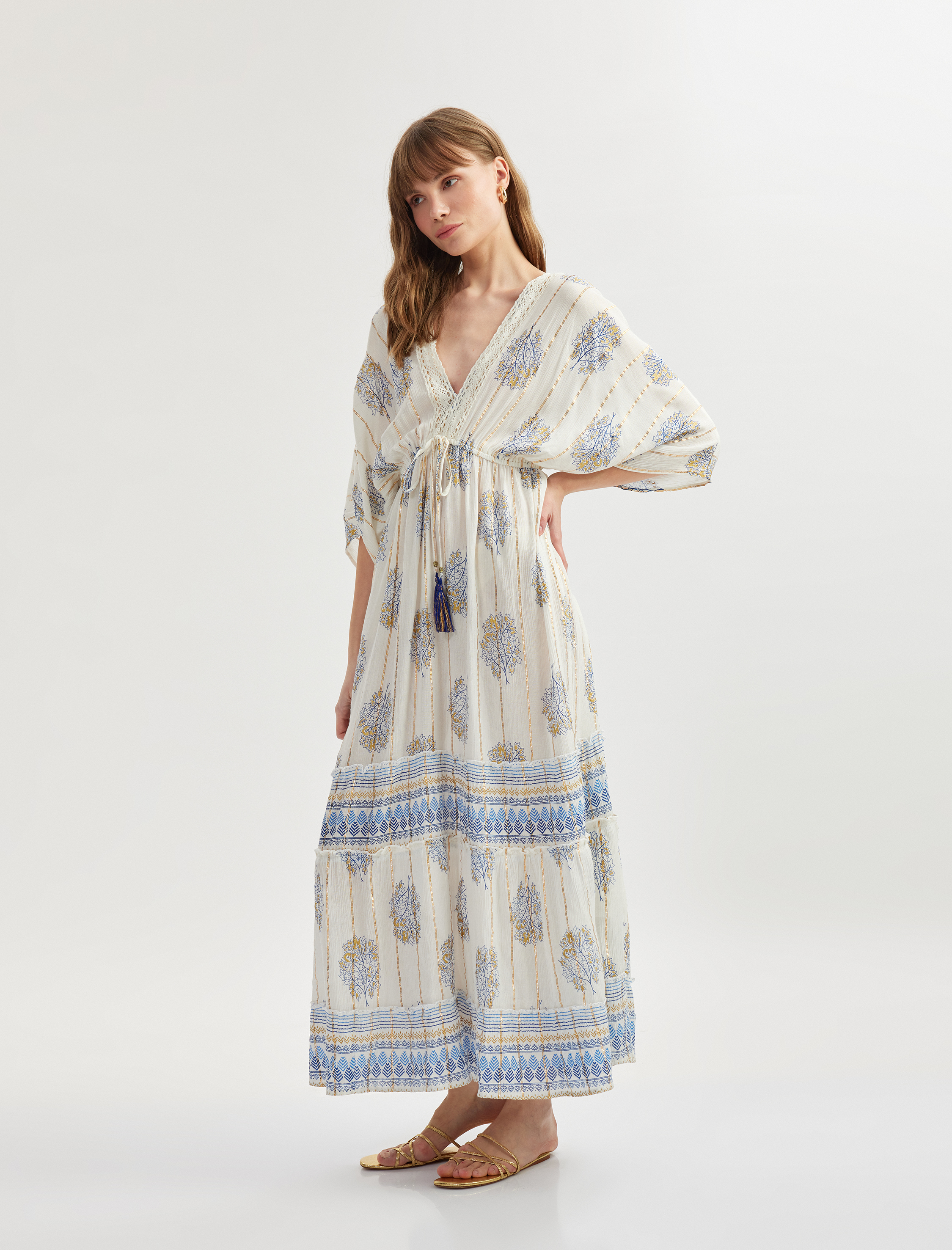   Etnik Desenli V Yaka Yarasa Kol Viskon Plaj Elbisesi