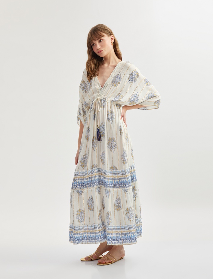  Etnik Desenli V Yaka Yarasa Kol Viskon Plaj Elbisesi