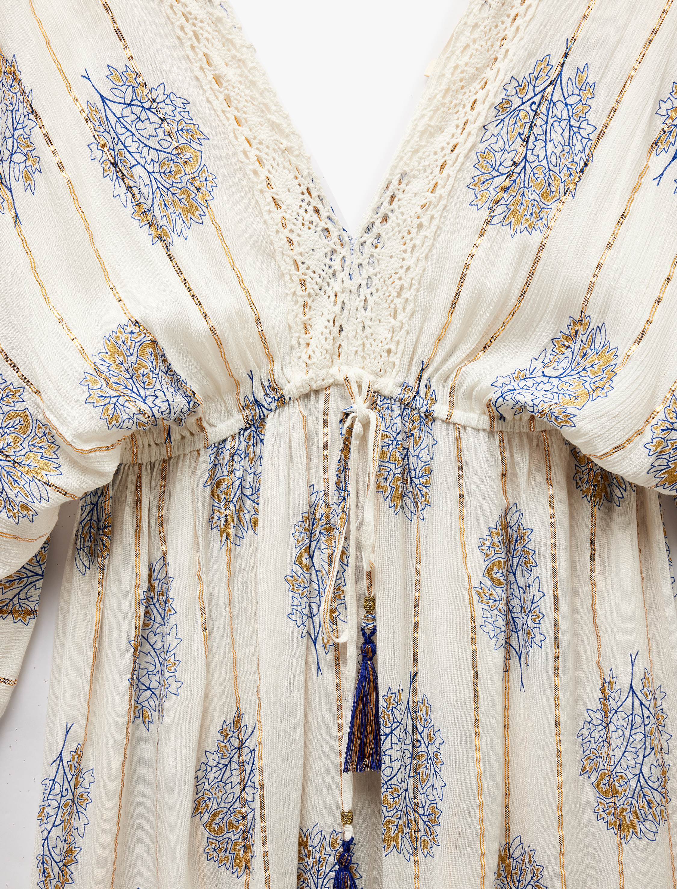   Etnik Desenli V Yaka Yarasa Kol Viskon Plaj Elbisesi