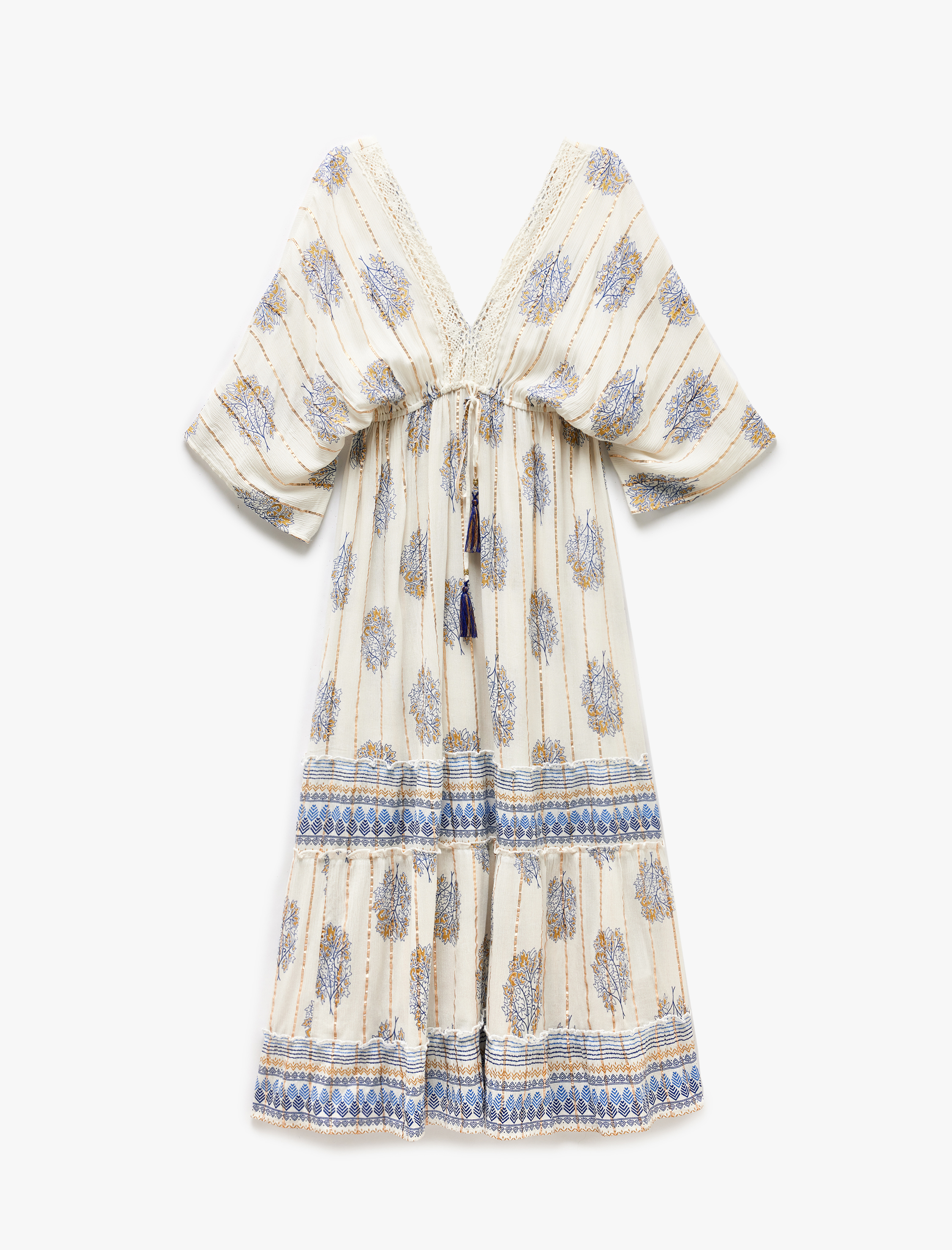   Etnik Desenli V Yaka Yarasa Kol Viskon Plaj Elbisesi