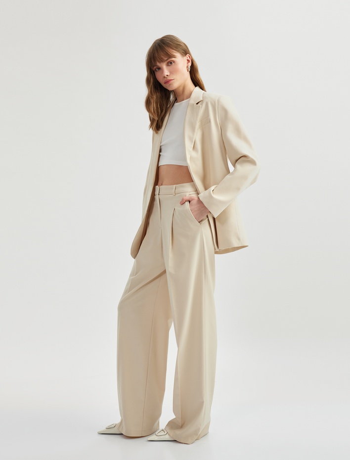  Cepli Yüksek Bel Pile Detaylı Geniş Paça Kumaş Pantolon