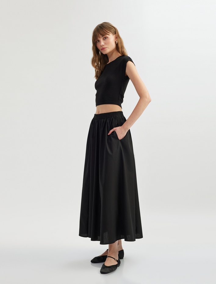  Pamuklu Poplin Kumaş Lastik Detaylı Cepli Uzun Kloş Etek