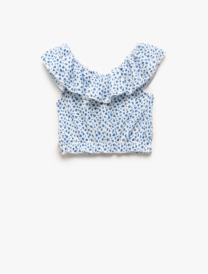Kız Çocuk Fırfır Detaylı Kolsuz Çiçekli Crop Bluz