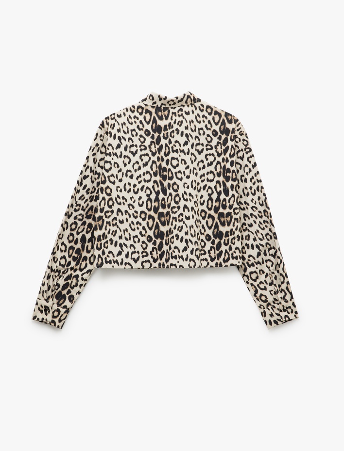 Leopar Desenli Uzun Kollu Cep Detaylı Gömlek