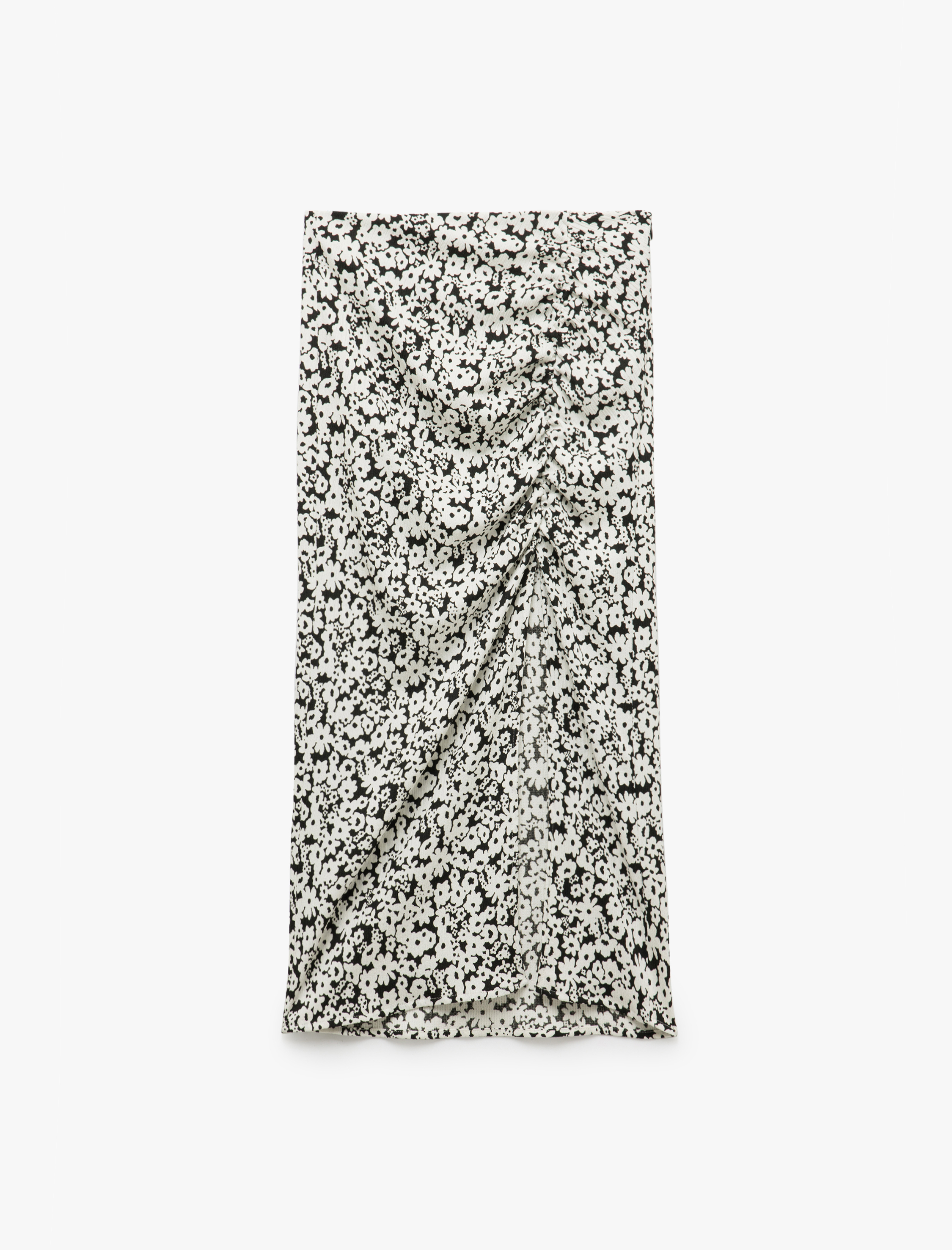   Yüksek Bel Drapeli Yırtmaç Detaylı Çiçekli Midi Etek Bürümcük