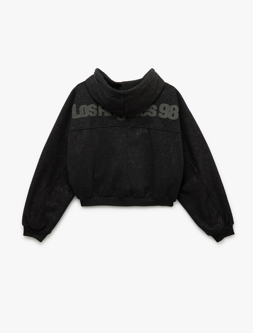   Sim Detaylı Fermuarlı Kapüşonlu Kanguru Cepli Crop Sweatshirt